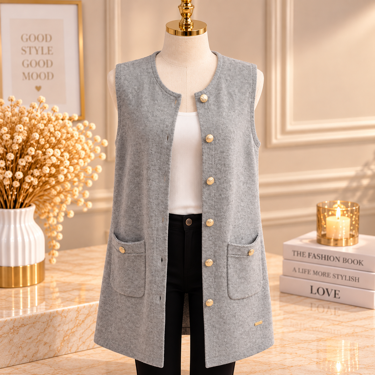 Gilet long sans manches Sofia – Gris | Moda Anna