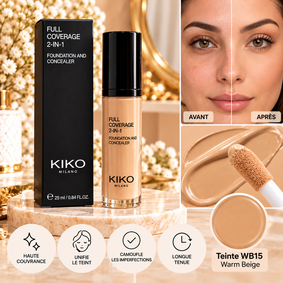 KIKO Milano – Full Coverage 2-in-1 Fond de Teint & Correcteur – WB15 Warm Beige