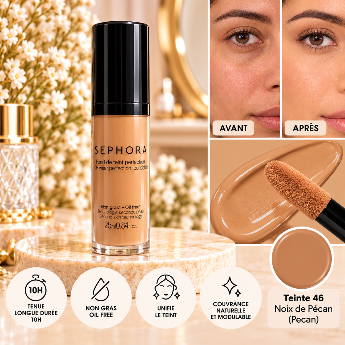 Sephora Collection – Fond de Teint Perfection Tenue 10H – Teinte 46 Noix de Pécan
