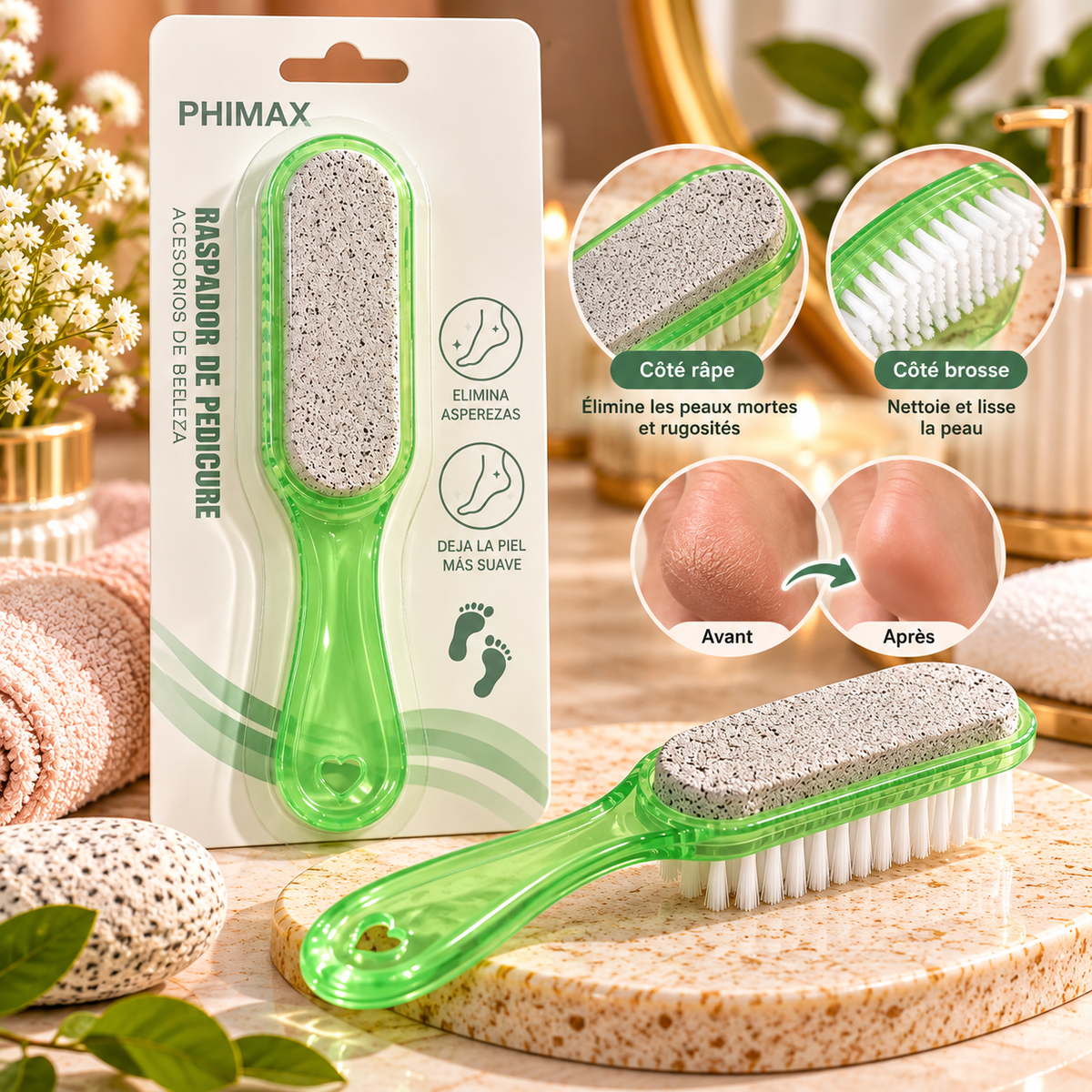 Râpe Pédicure 2-en-1 – Râpe & Brosse pour Pieds Doux