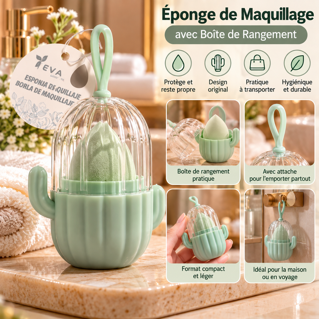 Éponge de maquillage avec boîte de rangement Cactus