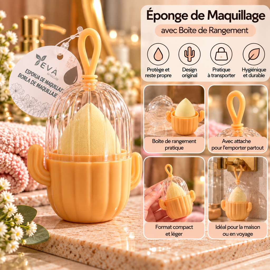 Éponge de maquillage avec boîte de rangement Cactus
