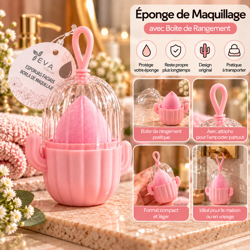 Éponge de maquillage avec boîte de rangement Cactus