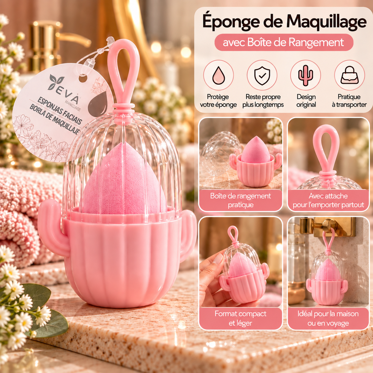 Éponge de maquillage avec boîte de rangement Cactus