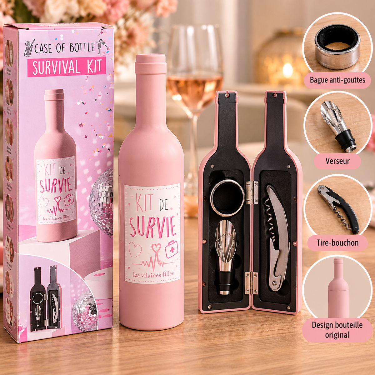 Kit de Survie Vin – Coffret Accessoires Bouteille Rose
