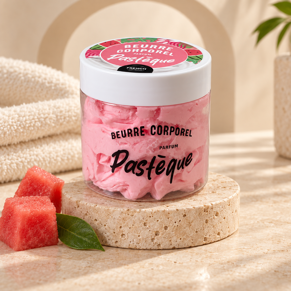 Beurre corporel parfum pastèque dans un décor spa beige