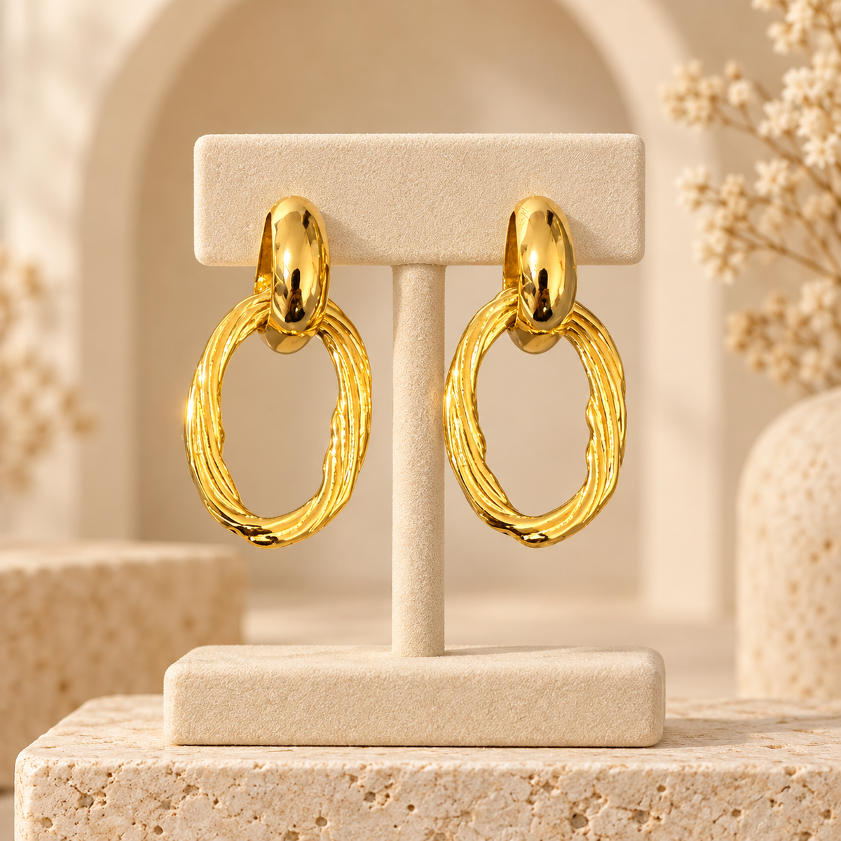 Boucles d’oreilles dorées sur présentoir beige
