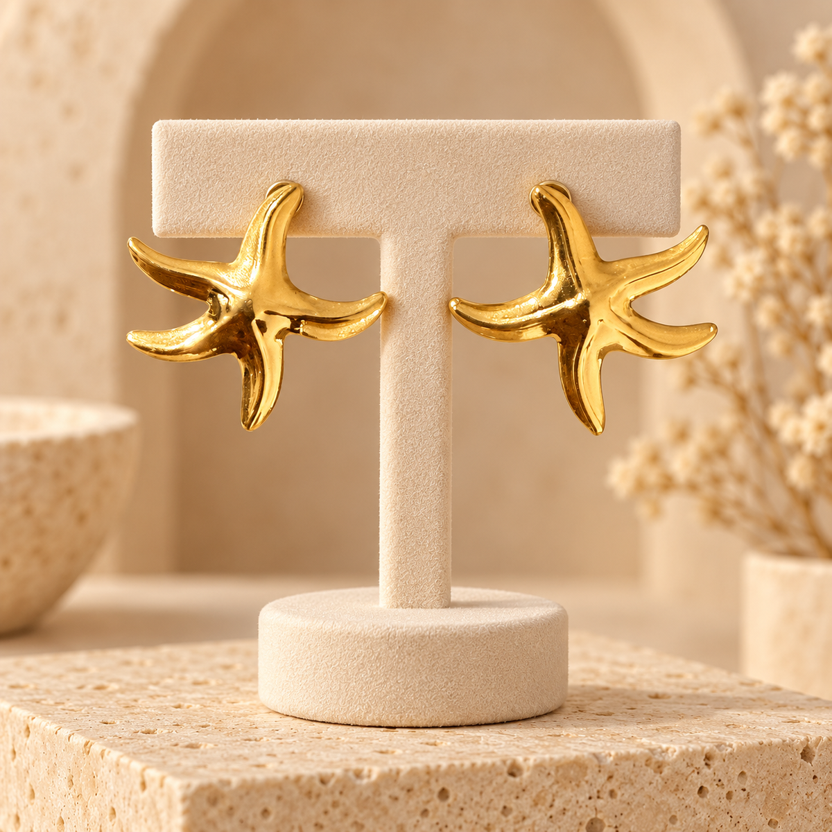 Boucles d’oreilles étoile de mer sur présentoir beige