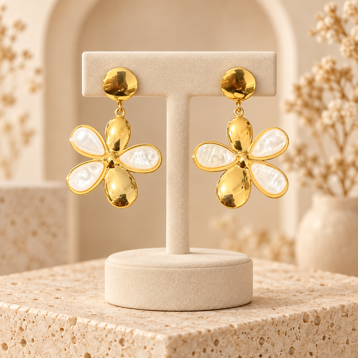 Boucles d’oreilles fleurs dorées et nacrées sur présentoir beige