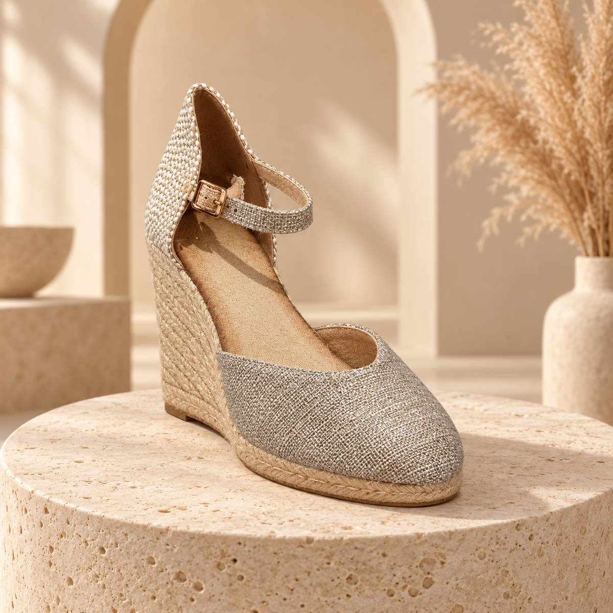 Chaussure compensée beige dorée vue de trois quarts dans un décor boutique