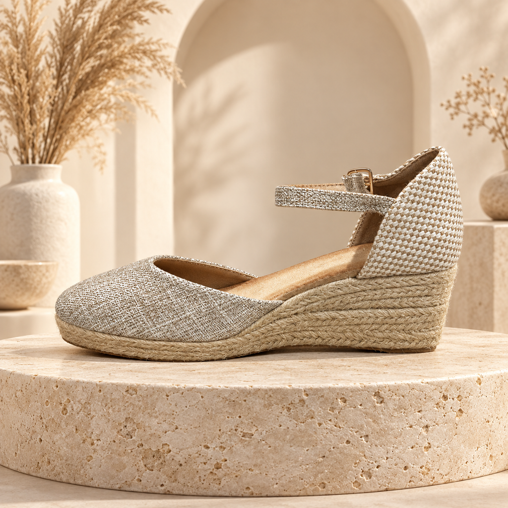 Chaussure compensée beige dorée vue de côté dans un décor boutique
