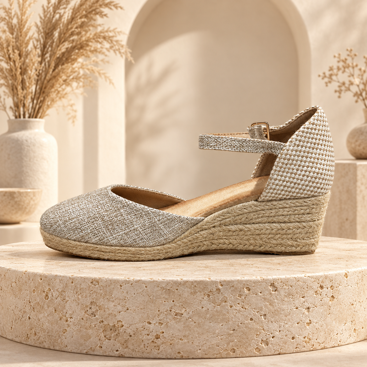 Chaussure compensée beige dorée vue de côté dans un décor boutique