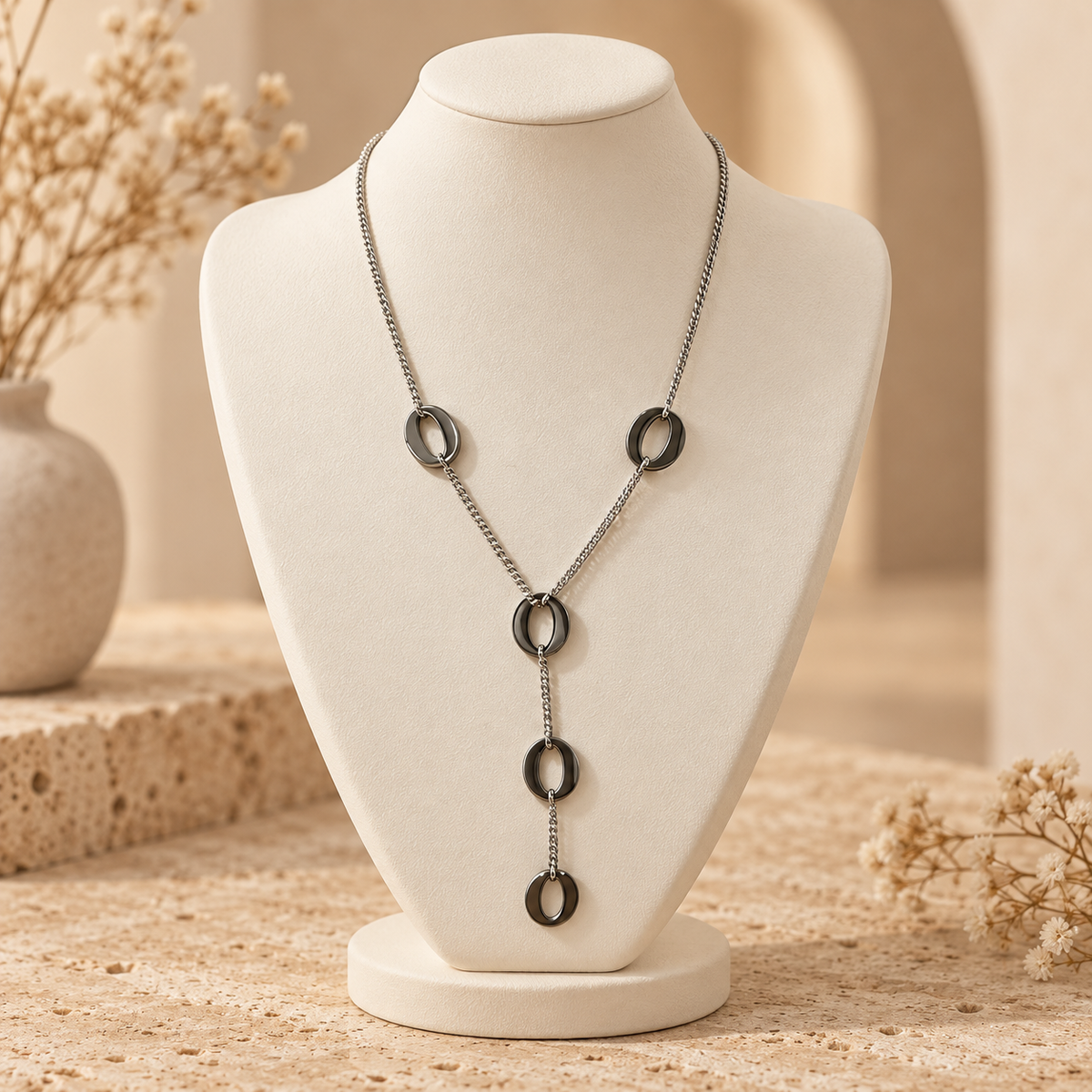 Collier argenté sur petit présentoir beige