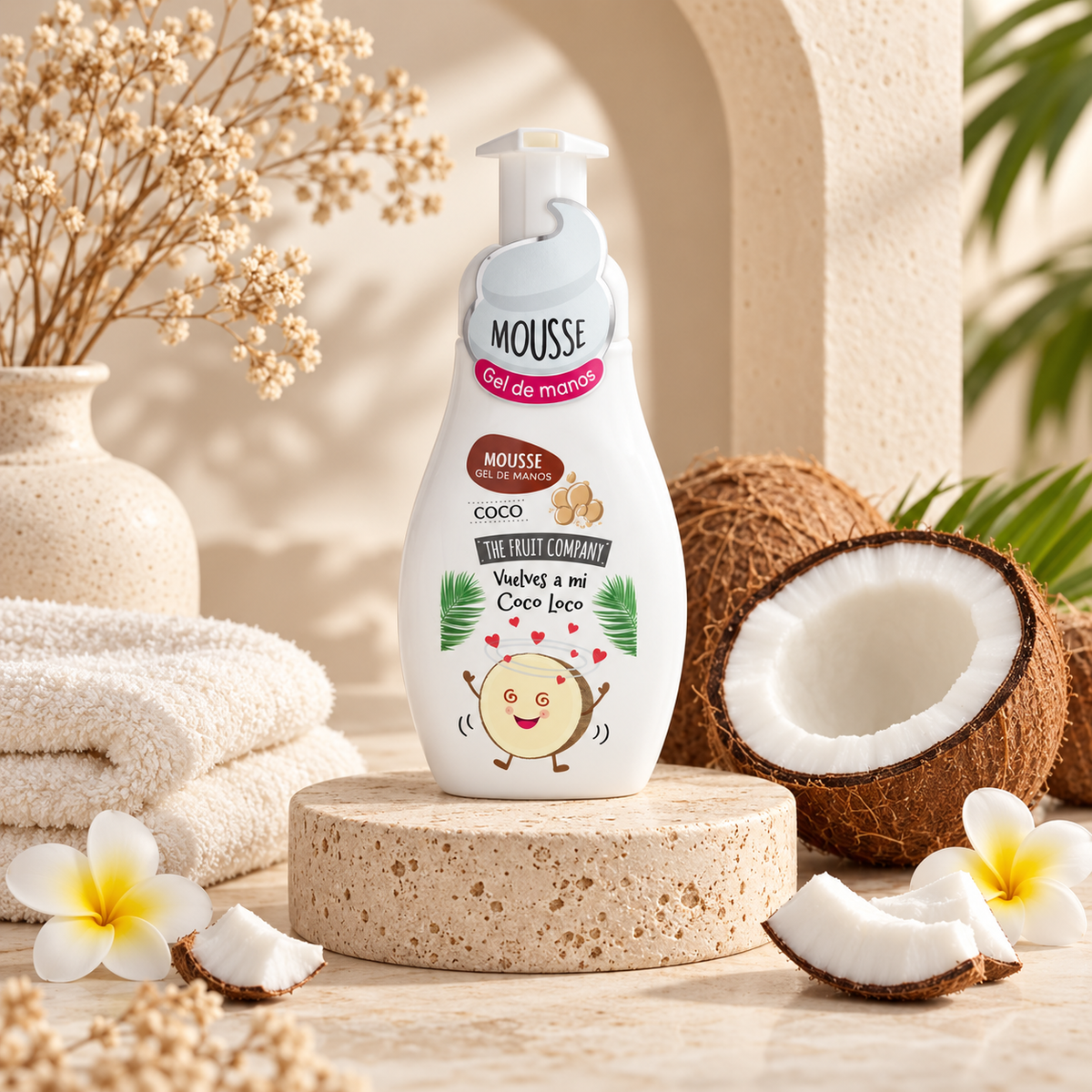 Gel mousse pour les mains coco dans un décor spa beige