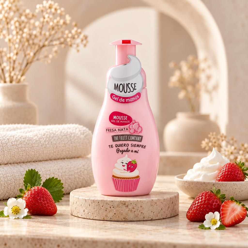 Gel mousse pour les mains fraise dans un décor spa beige