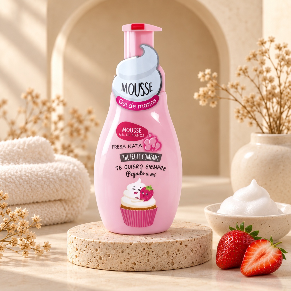 Gel mousse pour les mains fraise avec mousse et fraises