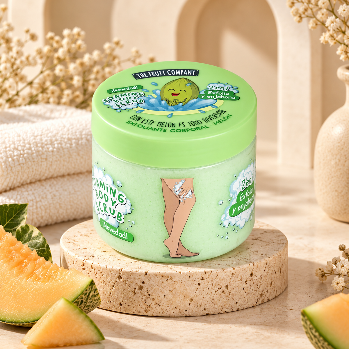 Gommage corporel au melon dans un décor spa beige